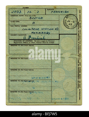 BRITISH NATIONAL REGISTRATION Identity Card dated 1943 Stock Photo