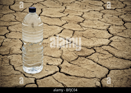 A water bottle on dry and cracked ground in the desert. Shallow depth of field Stock Photo