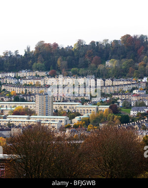 View of the rear of the Royal Crescent  from a distant hill around Bath Stock Photo