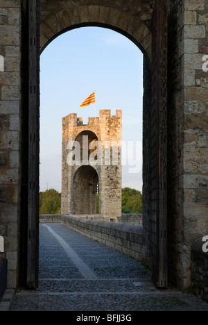 Medieval bridge over the Fluvia river. Besalu. La Garrotxa . Girona province. Catalonia . Spain . Stock Photo