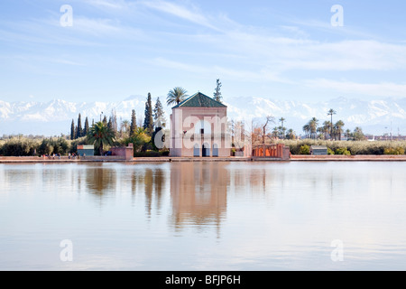 The Pavilion of the Menara with distant Atlas Mountains, Marrakesh, Morocco, North Africa Stock Photo