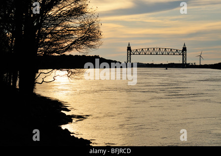 Sunset at the Cape Cod Canal with Railroad bridge in Bourne, Massachusetts USA Stock Photo