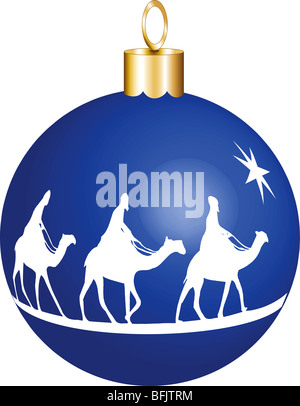 Three wise men on camels going to see baby Jesus didplayed on a christmas ornament. Vector Illustration Stock Photo