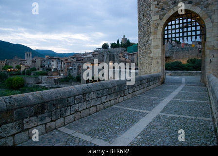 Medieval bridge over the Fluvia river.Besalu. La Garrotxa . Girona province. Catalonia . Spain . Stock Photo