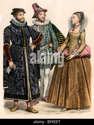 English merchant (left), noble, and a lady-in-waiting for Elizabeth I. Hand-colored print Stock Photo