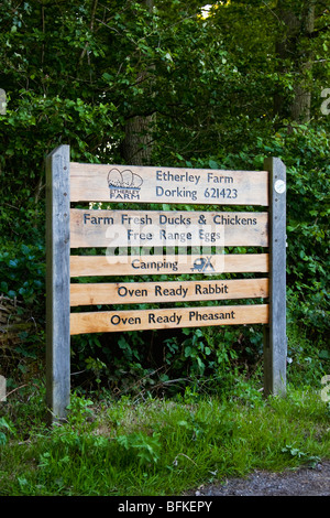 Etherley Farm sign in Dorking Surrey showing farm fresh ducks & chickens, free range eggs, camping, oven ready rabbit & pheasant Stock Photo