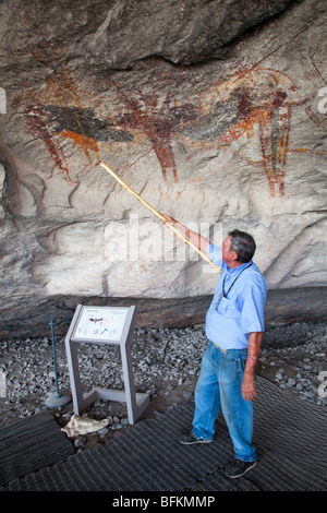 Guide pointing out native American roof art in Fate Bell Shelter Seminole Canyon Texas USA Stock Photo