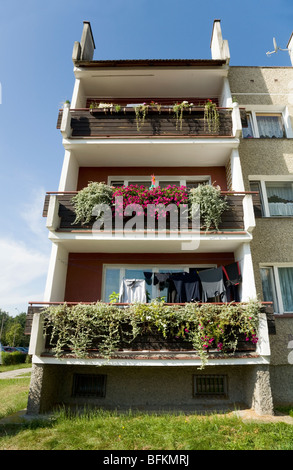 Balconies on a Polish residential housing block, in the town of Kedzierzyn-Kozle. Poland. Stock Photo