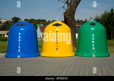 Recycling collection point and bottle bank in a Polish car park. Poland. Stock Photo