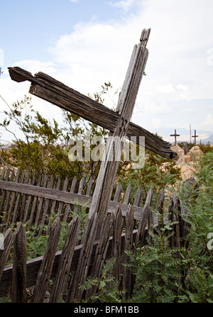 Old broken wooden grave crosses Terlingua cemetery Texas USA Stock Photo