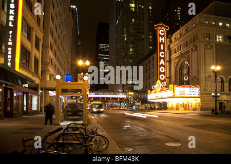 iconic Chicago Theatre, the Balaban and Katz Chicago Theatre, on North State Street in the Loop Chicago at night Stock Photo
