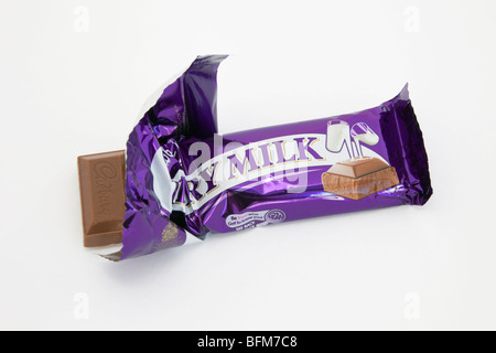 Top down of a Cadbury's Dairy Milk chocolate bar in open foil wrapper isolated on a white background. England, UK, Britain. Stock Photo