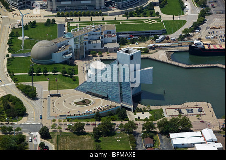 aerial view above Rock and Roll Hall of Fame Great Lakes Science Center North Coast Harbor downtown Cleveland Ohio Stock Photo