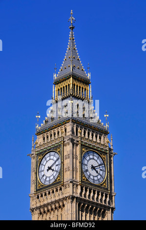 Close up corner view of two of a kind clock face of iconic historic Big Ben Clock Tower or Elizabeth Tower landmark at Palace of Westminster London UK Stock Photo