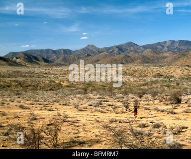 A man walks purposefully through semi-arid thorn scrub country with the rugged Ndoto Mountains rising in the background. Stock Photo