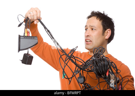 Full isolated studio picture from a electrician with cables Stock Photo