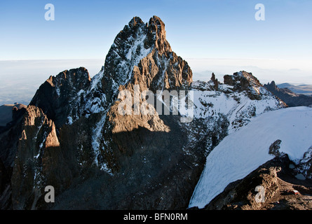 Kenya. The snow-dusted peaks of Mount Kenya, Africa  s second highest mountain, with Lewis glacier in the foreground. Stock Photo