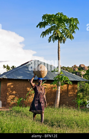 Kenya, Nyanza District.  A Luo woman carries a large water pot to her home near Kit Mikayi Stock Photo