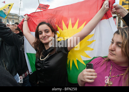 Celebrating Newroz the Kurdish New Year in London, Newroz and this Kurdistan flag are banned in Turkey Stock Photo