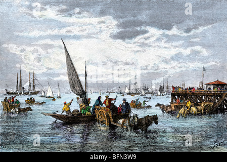 Passengers disembarking from steamships in Buenos Aires harbor, 1800s. Hand-colored woodcut