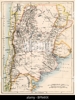 Map of Argentina, Uruguay, and Paraguay in the 1870s. Color lithograph