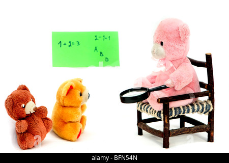 Teddy Bear in a class room environment teaches two smaller teddy bear dolls on white background Stock Photo