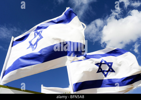 Israeli flags blowing in the wind. Photographed in the Negev Desert ...