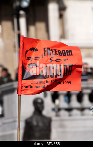 Celebrating Newroz the Kurdish New Year in London, Newroz is banned in Turkey. Freedom for Ocalan flag Stock Photo