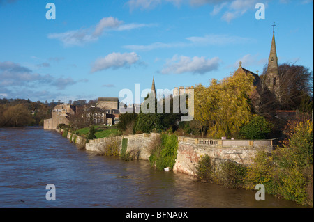River Tweed Kelso Scotland November 2009 flooding view of the town from bridge with retaining walls Stock Photo