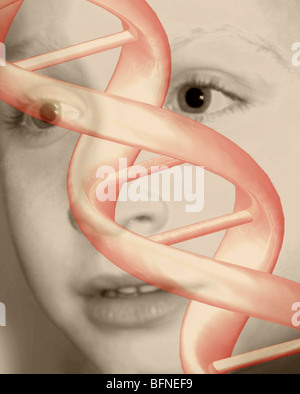 DNA helix superimposed over the face of a boy Stock Photo