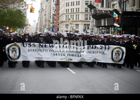 Members of the US Navy from the USS New York march in the 91st annual Veteran's Day Parade in New York Stock Photo
