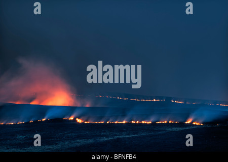 Hill fires on hills near A836 between Lairg and Bonar bridge in Scotland taken at dusk with burning heather and brush Stock Photo