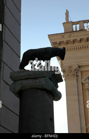 The statue of Romulus and Remus suckling a she-wolf at the Capitoline Hill in Rome, Italy Stock Photo