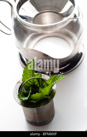 Fresh mint leaves in glass and silver pot Stock Photo