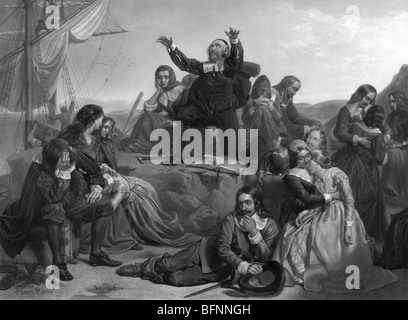 Engraving print depicting emotional scenes during the departure of the Pilgrim Fathers for America in 1620. Stock Photo