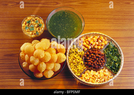 Panipuri with ragda ; chana ; moong ; potatoes and coriander leaves ; India Stock Photo