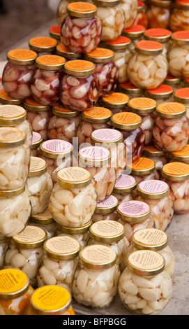 Home made organic pickled garlic jars wit various different sauces at sale , Finland Stock Photo