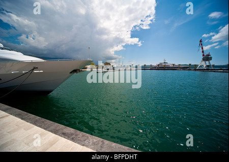 Bow of super yacht Sun Ark on landing stage at Porto Montenegro, Tivat, Bay of Kotor Stock Photo
