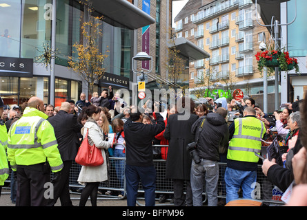 Brian May , Queen guitarist signing autographs in Feltham shopping centre following the unveiling of Freddie Mercury memorial. Stock Photo