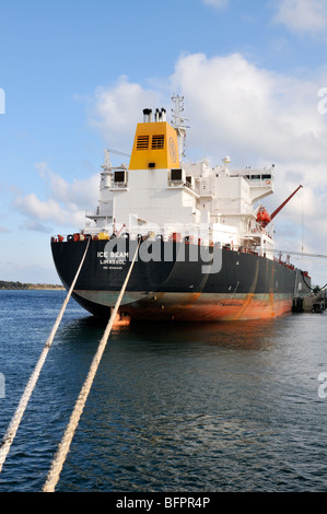 Oil tanker Ice Beam from the stern with ship's lines tied to pier Stock Photo