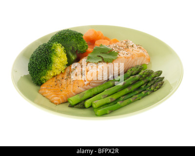 Grilled Salmon with Steamed Vegetables Stock Photo