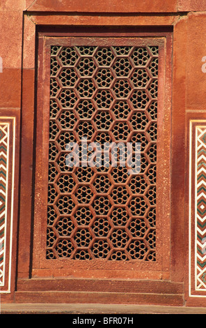 Red sand stone jali at entrance building of Taj Mahal Agra Uttar Pradesh India Stock Photo