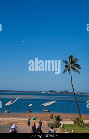 Palm tree on a beach at Maxixe with moored dhows and a plane flying overhead Stock Photo