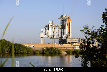 Space Shuttle Discovery sits ready on the launch pad at Kennedy Space Center. Stock Photo