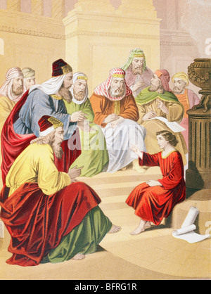 The boy Jesus debating with priests and teachers in the temple Stock Photo