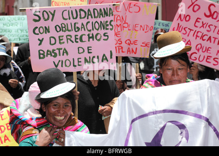Aymara women at march for International Day of No Violence against Women (November 25th), La Paz , Bolivia . Stock Photo
