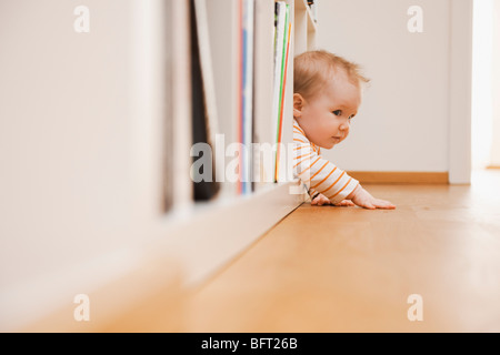 Baby in Bookshelf Stock Photo