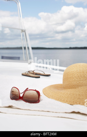 Sunglasses, Hat and Flip Flops on Boat