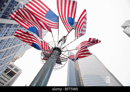 Looking Up at American Flags, Manhattan, New York City, New York, USA Stock Photo
