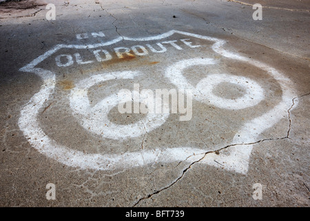 Route 66 Spray Painted on Road, Alanreed, Texas, USA Stock Photo